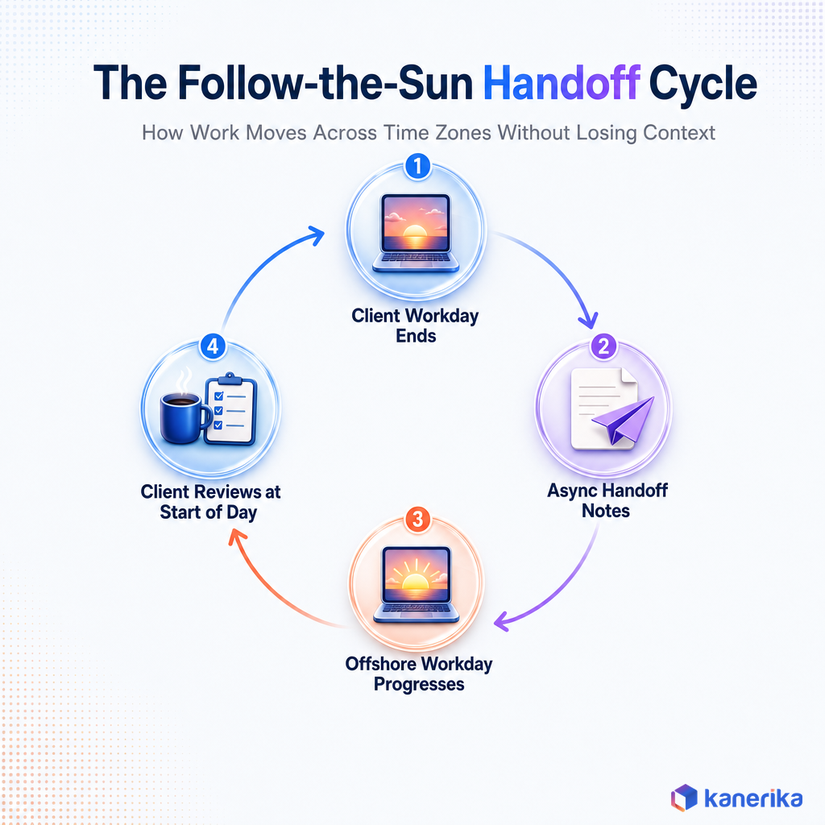 Kanerika infographic of the follow-the-sun handoff cycle showing how offshore staff augmentation work moves across time zones through four stages