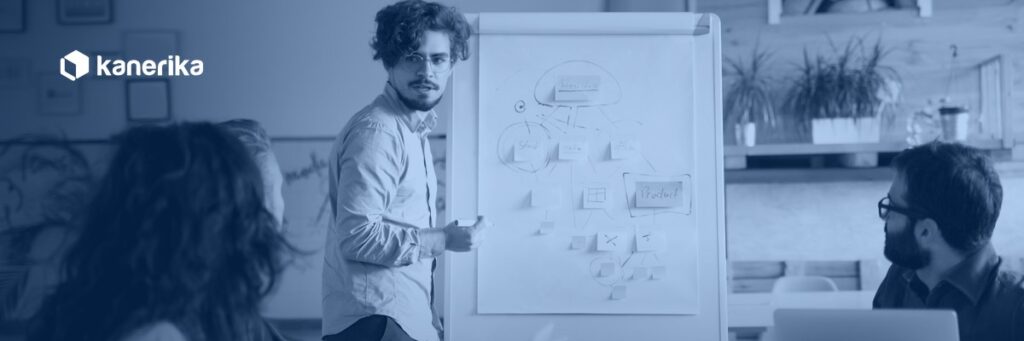 Kanerika team running a product discovery workshop with sticky notes on a whiteboard, mapping the product discovery process