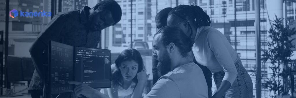 Software engineering team reviewing a software product launch checklist on screen, Kanerika
