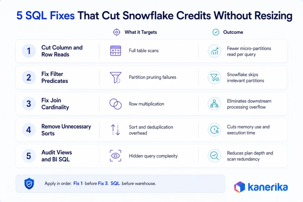 Kanerika infographic showing snowflake query optimisation fixes that cut credits through better reads, filters, joins, sorts, and BI SQL checks.