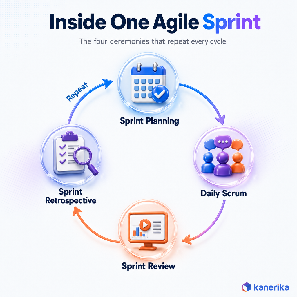 Kanerika infographic of the four Scrum ceremonies inside one sprint, Sprint Planning, Daily Scrum, Sprint Review, and Sprint Retrospective, repeating every cycle