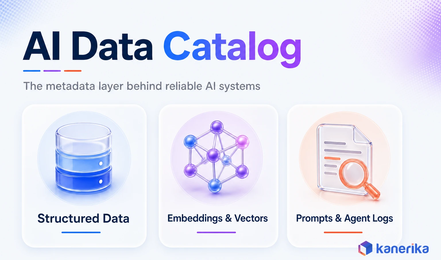 AI data catalog overview showing three asset categories: structured data, embeddings and vectors, and prompts and agent logs
