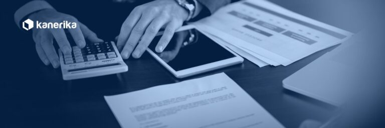 Microsoft Purview licensing cost analysis with a calculator, contract documents and a tablet on a desk, Kanerika blog banner