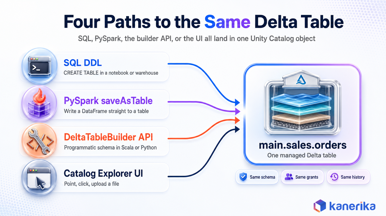 Kanerika data flow diagram showing SQL DDL, PySpark saveAsTable, the DeltaTableBuilder API, and Catalog Explorer all creating the same managed Delta table in Unity Catalog