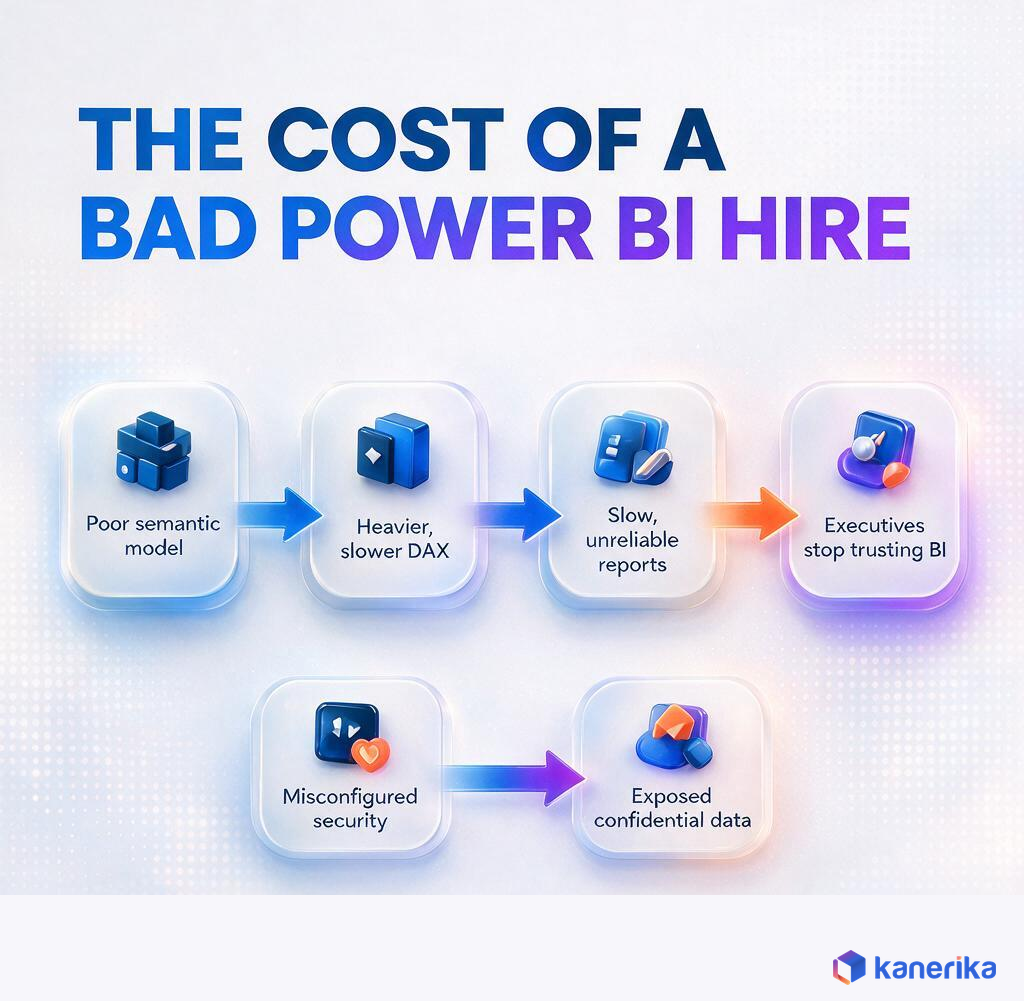 Kanerika infographic showing the cost of a bad Power BI hire, from a poor semantic model to slow reports and executives losing trust in BI