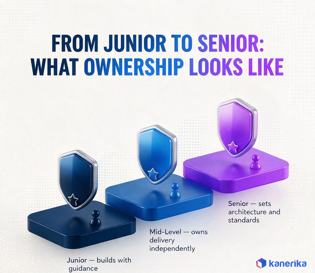 Kanerika infographic comparing junior, mid-level, and senior Power BI developer ownership, from guided report building to setting architecture and standards