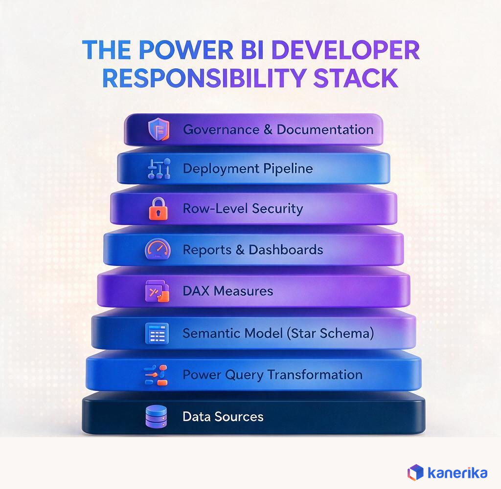 Kanerika infographic of the Power BI developer responsibility stack, from data sources and Power Query through semantic modeling, DAX, security, deployment, and governance