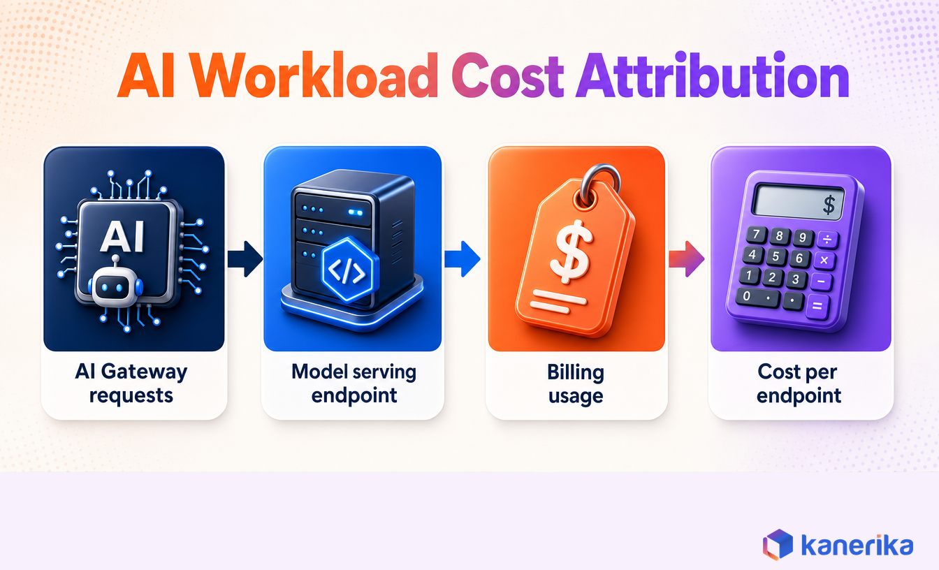 Kanerika infographic of AI workload cost attribution from AI Gateway requests through model serving endpoints to billing usage and cost per endpoint