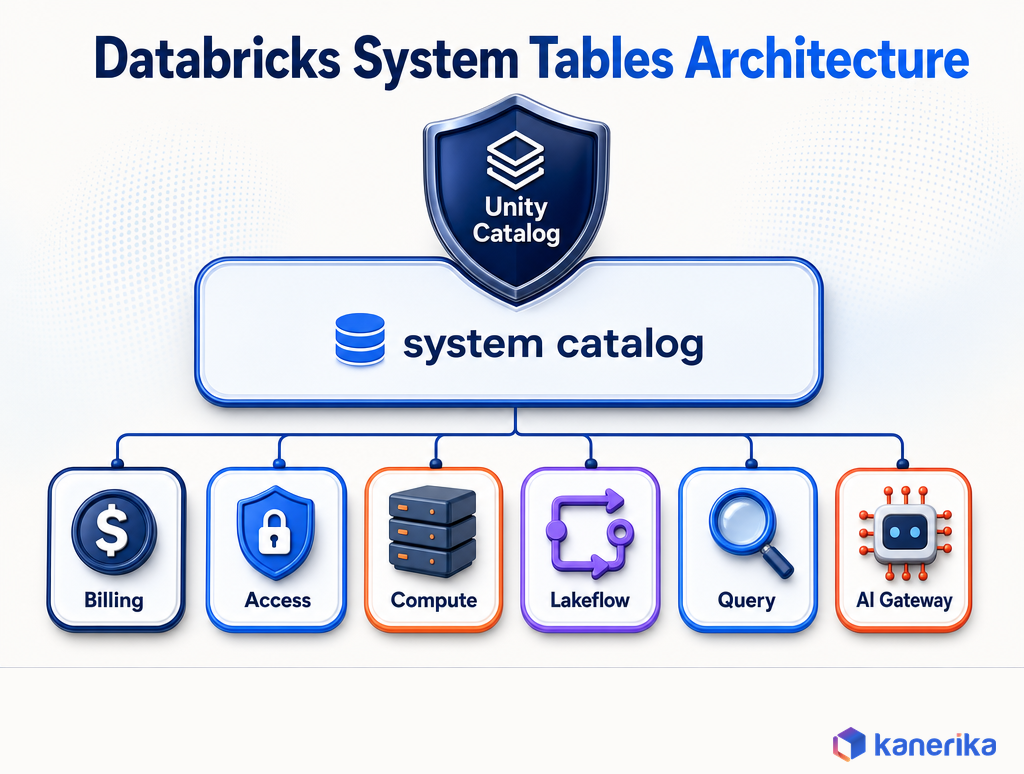 Kanerika infographic of Databricks system tables architecture, Unity Catalog governing the system catalog with billing, access, compute, lakeflow, query, and AI Gateway schemas