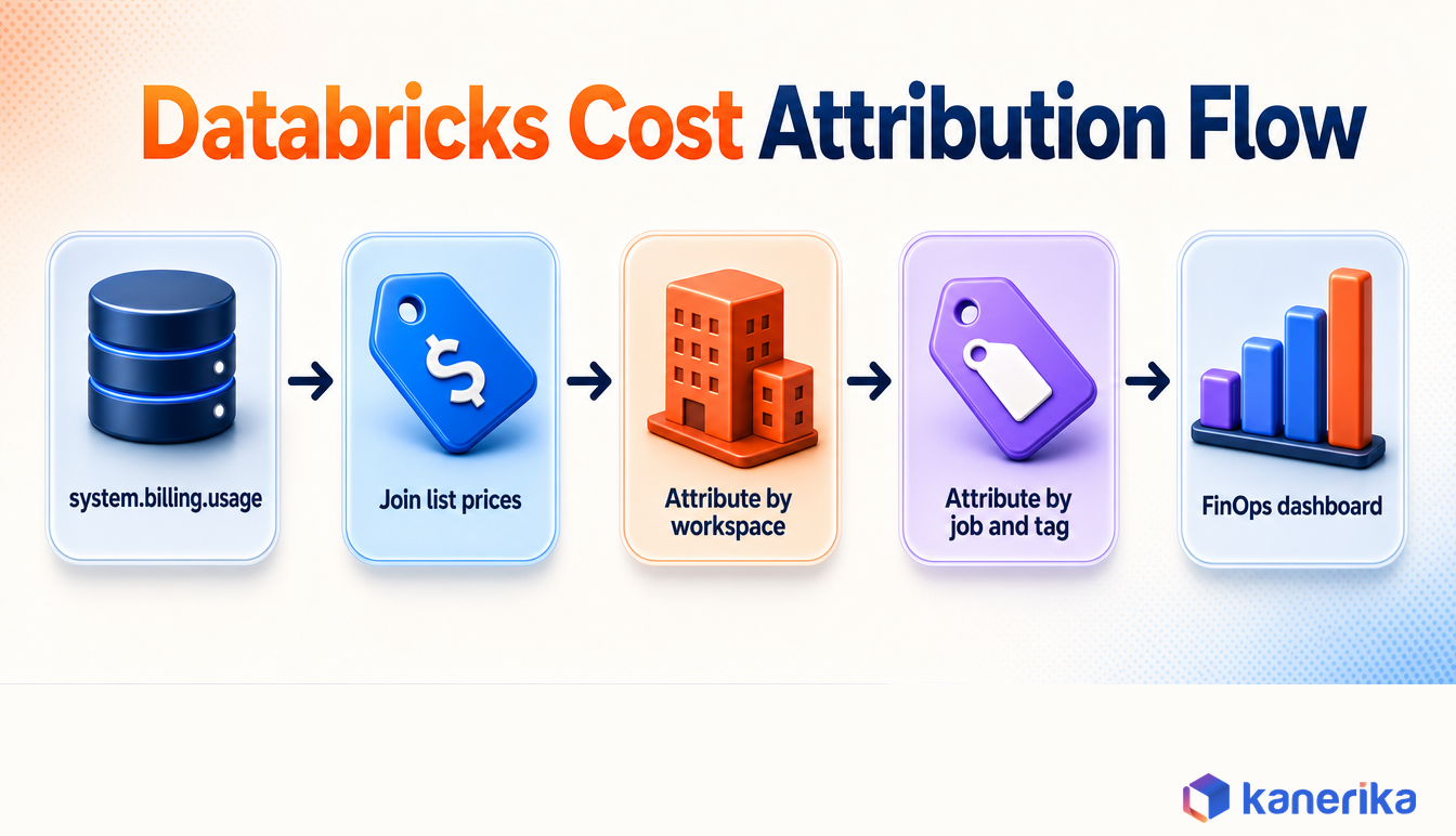 Kanerika infographic of the Databricks cost attribution flow from system.billing.usage through list price joins to workspace, job, and tag attribution