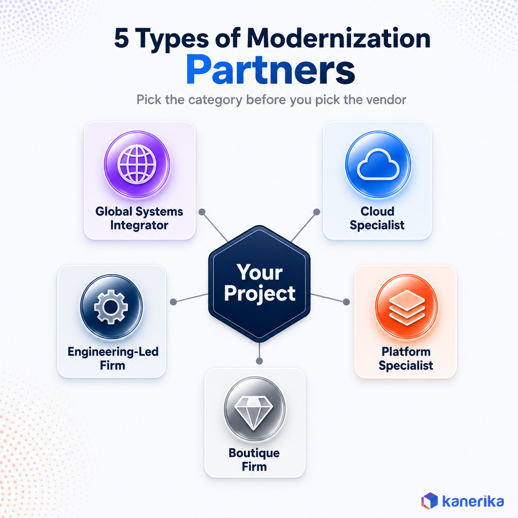 Kanerika infographic of five types of application modernization partners arranged around a central hub, global systems integrator, engineering-led firm, cloud specialist, platform specialist, and boutique firm