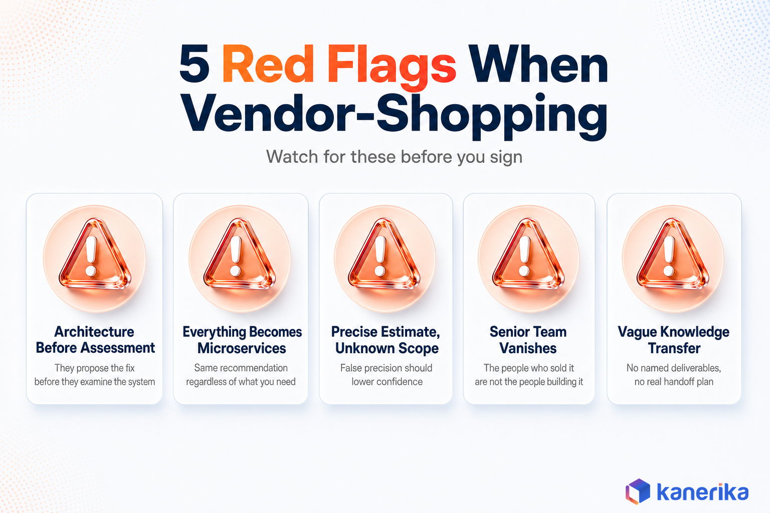 Kanerika infographic of five red flags to watch for when vendor-shopping for an application modernization company