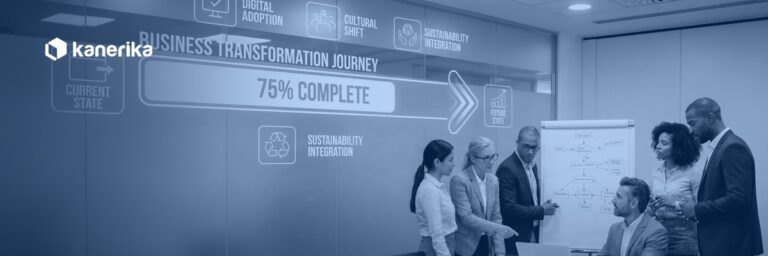 Kanerika cloud migration roadmap hero banner showing an enterprise team reviewing a business transformation journey progress board