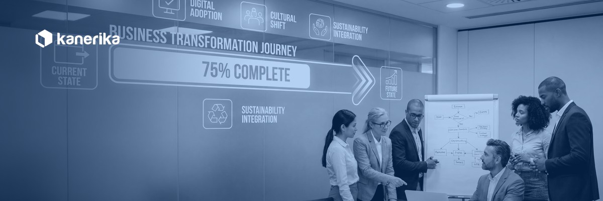 Kanerika cloud migration roadmap hero banner showing an enterprise team reviewing a business transformation journey progress board