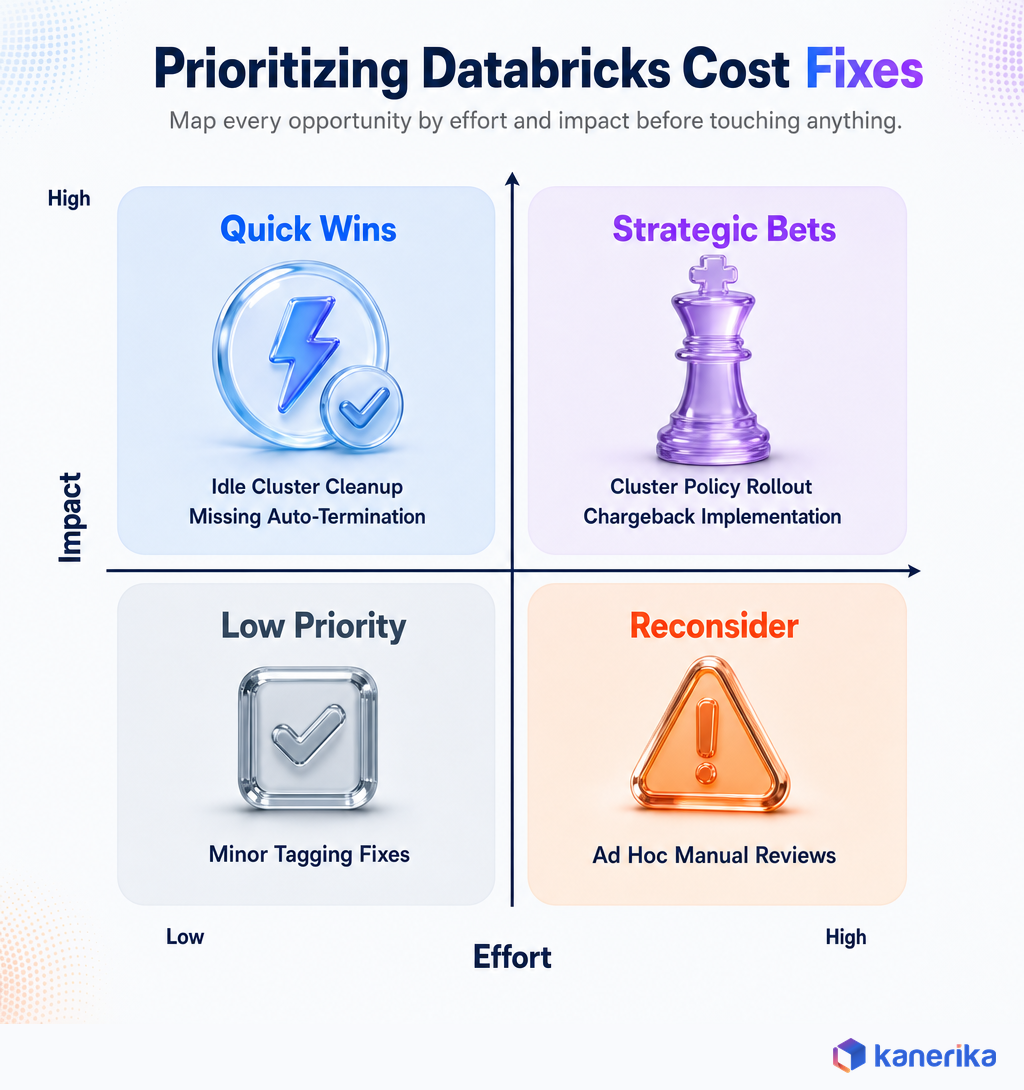 Kanerika infographic prioritizing Databricks cost optimization fixes by effort and impact in a quick wins, strategic bets, low priority, and reconsider quadrant