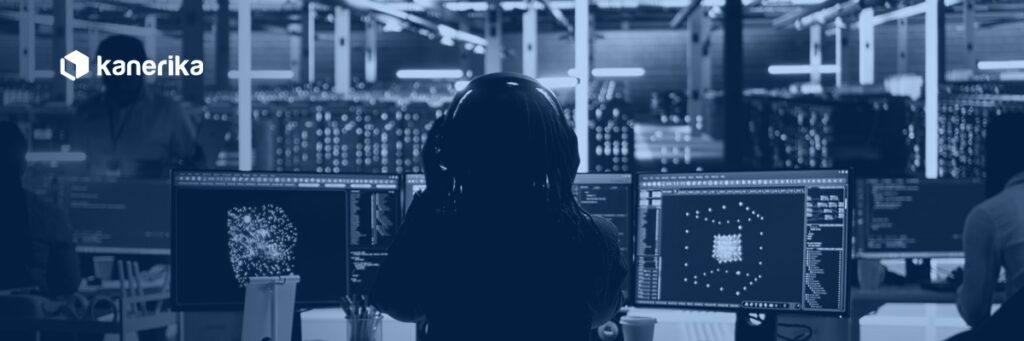 DLT pipeline databricks data engineer working in a server room, Kanerika banner