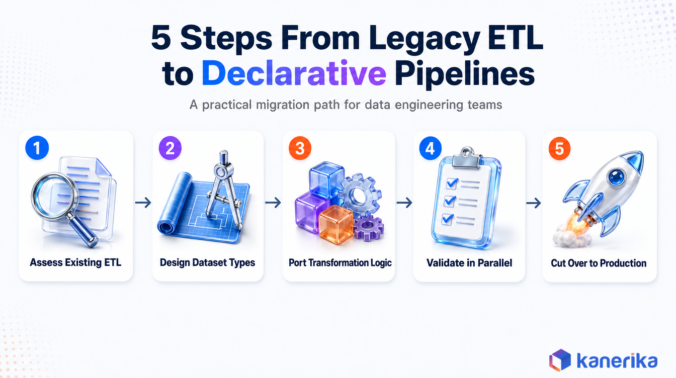 Kanerika infographic of the five step migration path from legacy ETL to Databricks declarative pipelines
