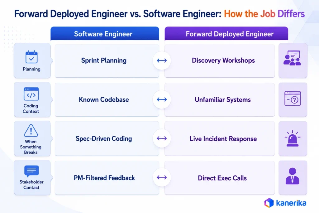 Kanerika infographic comparing forward deployed engineering vs software engineering across planning, coding context, incident response, and stakeholder contact.