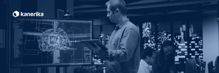 Enterprise leader reviewing an AI dashboard, representing generative AI for business transformation