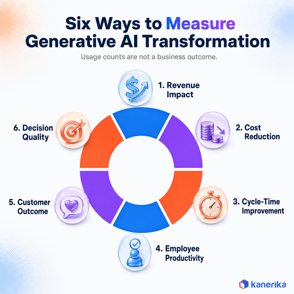Kanerika infographic of six ways to measure generative AI transformation: revenue impact, cost reduction, cycle-time improvement, employee productivity, customer outcome, and decision quality