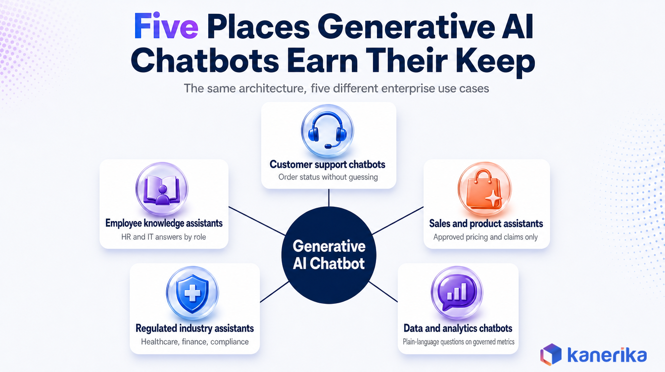 Kanerika infographic of five generative AI chatbot use cases: customer support chatbots, employee knowledge assistants, sales and product assistants, regulated industry assistants, and data and analytics chatbots