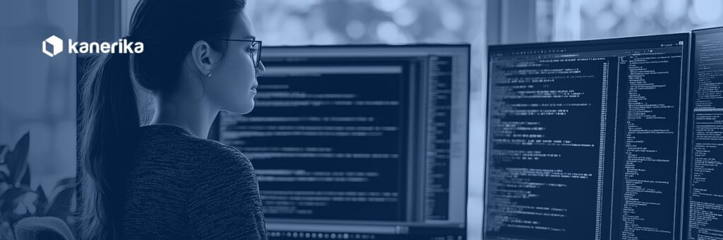 QA engineer analyzing generative AI generated test code across multiple monitors, representing generative AI in software testing