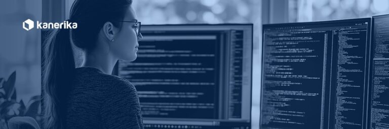 QA engineer analyzing generative AI generated test code across multiple monitors, representing generative AI in software testing