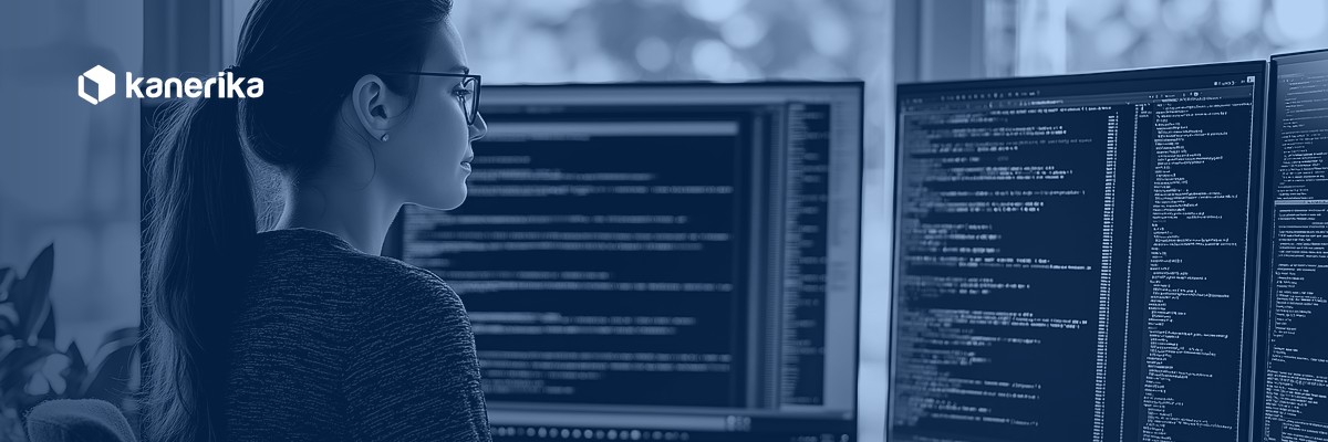 QA engineer analyzing generative AI generated test code across multiple monitors, representing generative AI in software testing