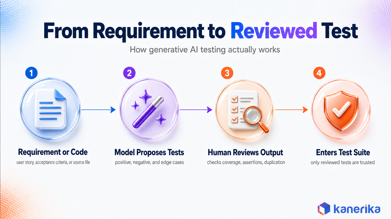 Kanerika infographic of the four step generative AI test generation flow, requirement or code, model proposes tests, human reviews output, enters test suite