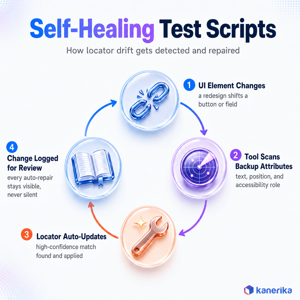Kanerika infographic of the self-healing test script cycle, UI element changes, tool scans backup attributes, locator auto-updates, change logged for review