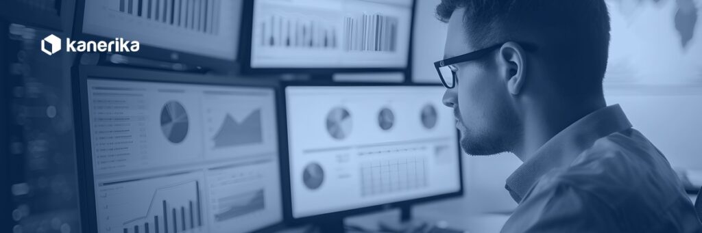 Kanerika banner for how to hire a Power BI developer, showing an analyst reviewing BI dashboards
