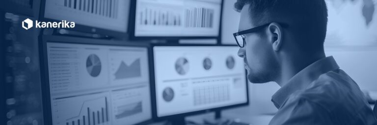 Kanerika banner for how to hire a Power BI developer, showing an analyst reviewing BI dashboards