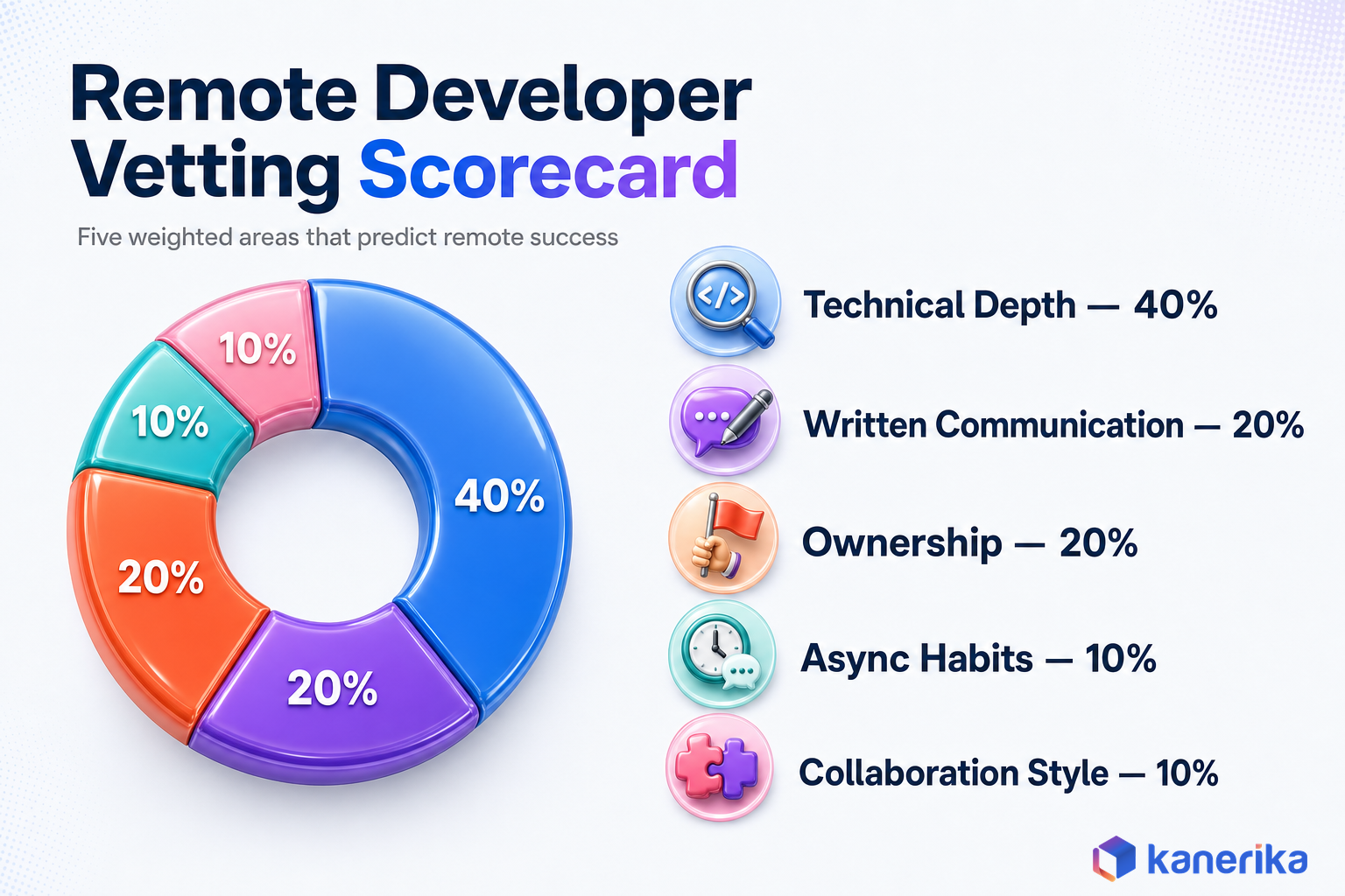 Kanerika infographic of the remote developer vetting scorecard weighting technical depth, written communication, ownership, async habits, and collaboration style