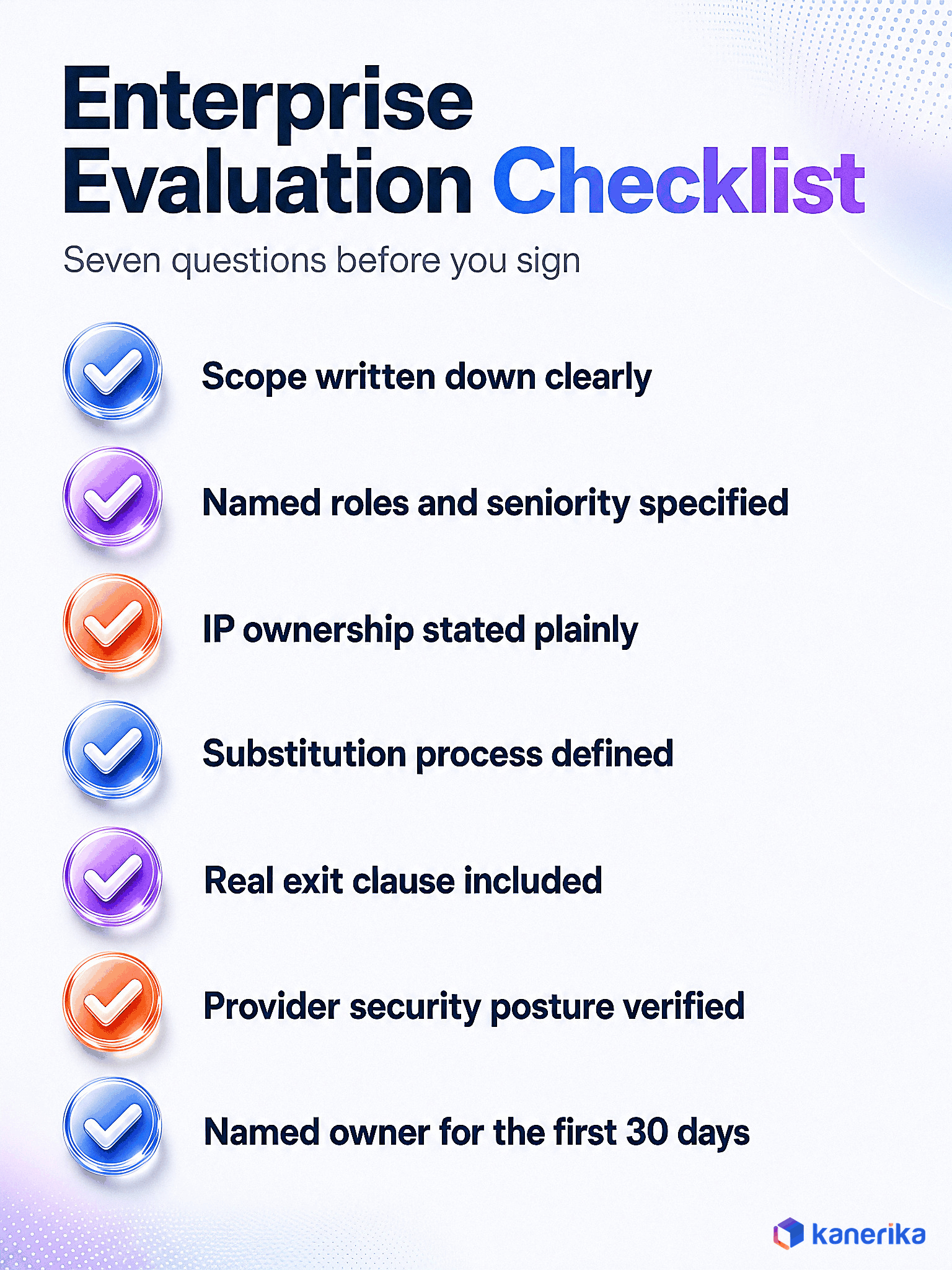 Kanerika infographic of a seven-item enterprise evaluation checklist to review before hiring software developers or signing an engagement contract
