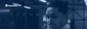 Kanerika legacy system modernization banner, IT technician in a data center server room