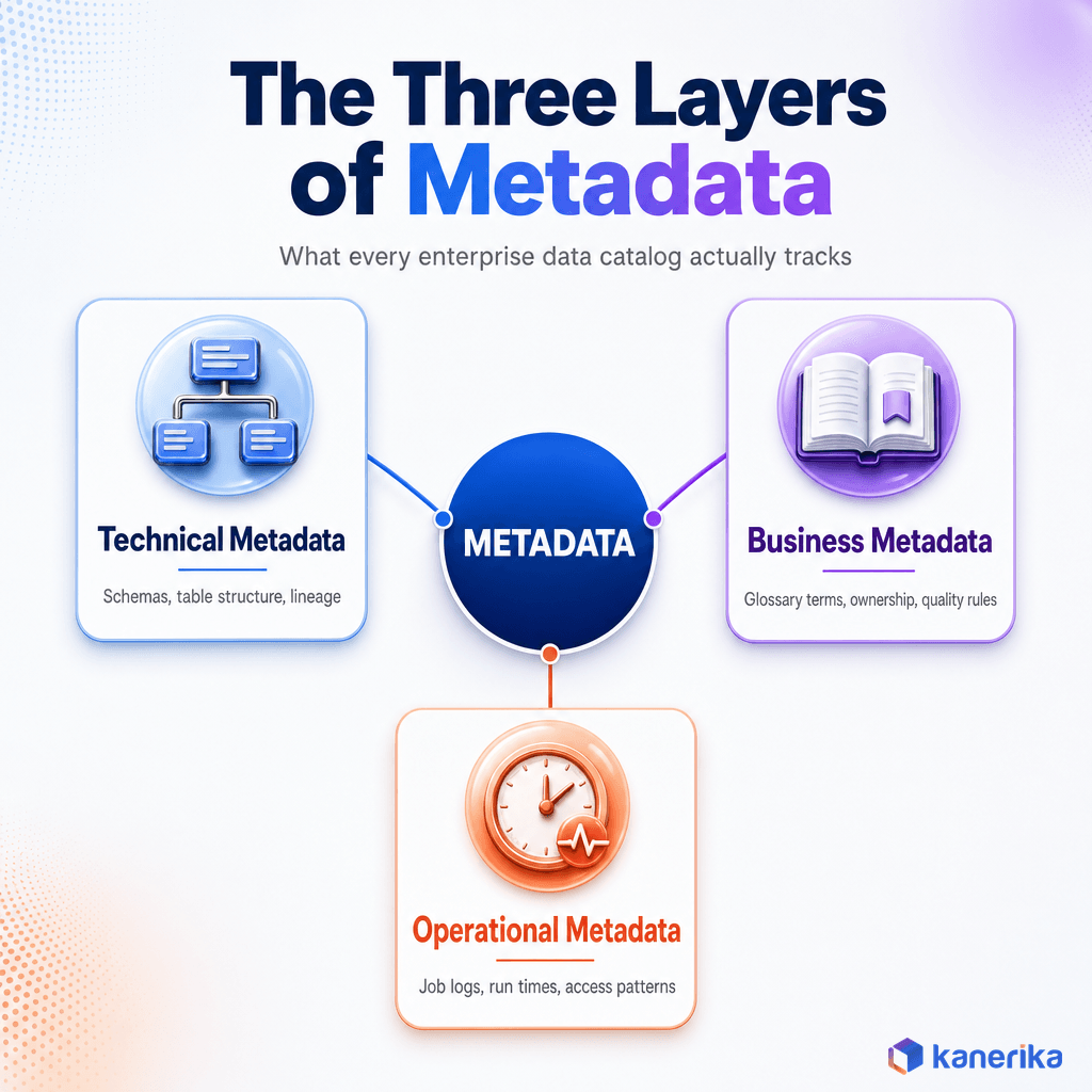 Kanerika infographic showing the three layers of metadata that metadata management tools organize: technical metadata for schemas and lineage, business metadata for glossary terms and ownership, and operational metadata for job logs and access patterns