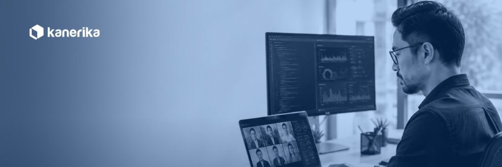 Software engineer collaborating with a distributed nearshore staff augmentation team over video call while reviewing data dashboards, Kanerika