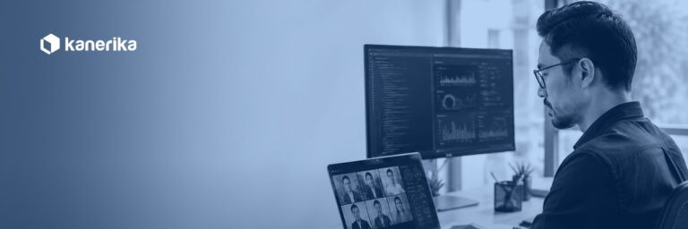 Software engineer collaborating with a distributed nearshore staff augmentation team over video call while reviewing data dashboards, Kanerika