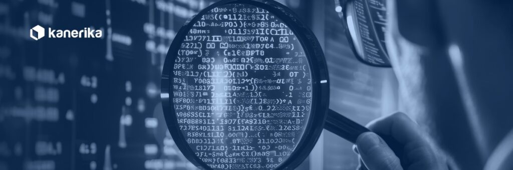 Security analyst using a magnifying glass on data, representing sensitive data discovery across enterprise systems