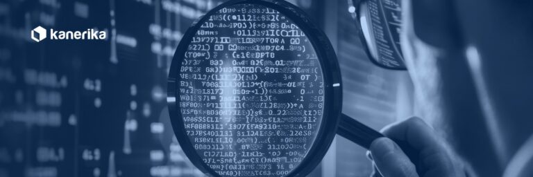 Security analyst using a magnifying glass on data, representing sensitive data discovery across enterprise systems