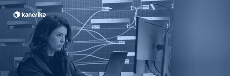 Kanerika banner for a guide to the best sensitive data discovery tools, showing a data security analyst reviewing live data flows on screen