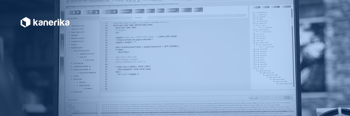 Kanerika banner for Snowflake CREATE TABLE guide, a coder writing SQL at a workstation with navy duotone treatment