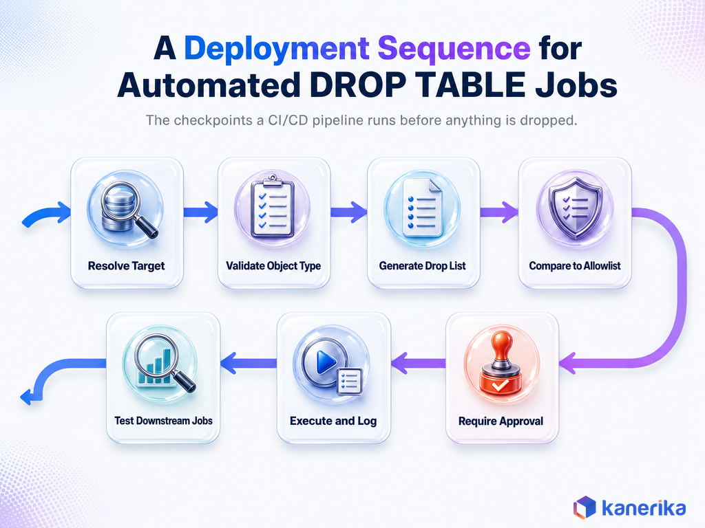 Kanerika infographic of a deployment sequence for automated Snowflake DROP TABLE jobs in CI/CD: resolve target, validate, generate drop list, allowlist, approval, execute and log, test downstream jobs
