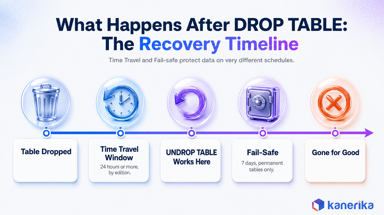 Kanerika infographic timeline showing what happens after Snowflake DROP TABLE: Time Travel window, UNDROP TABLE, then Fail-safe before data is gone for good