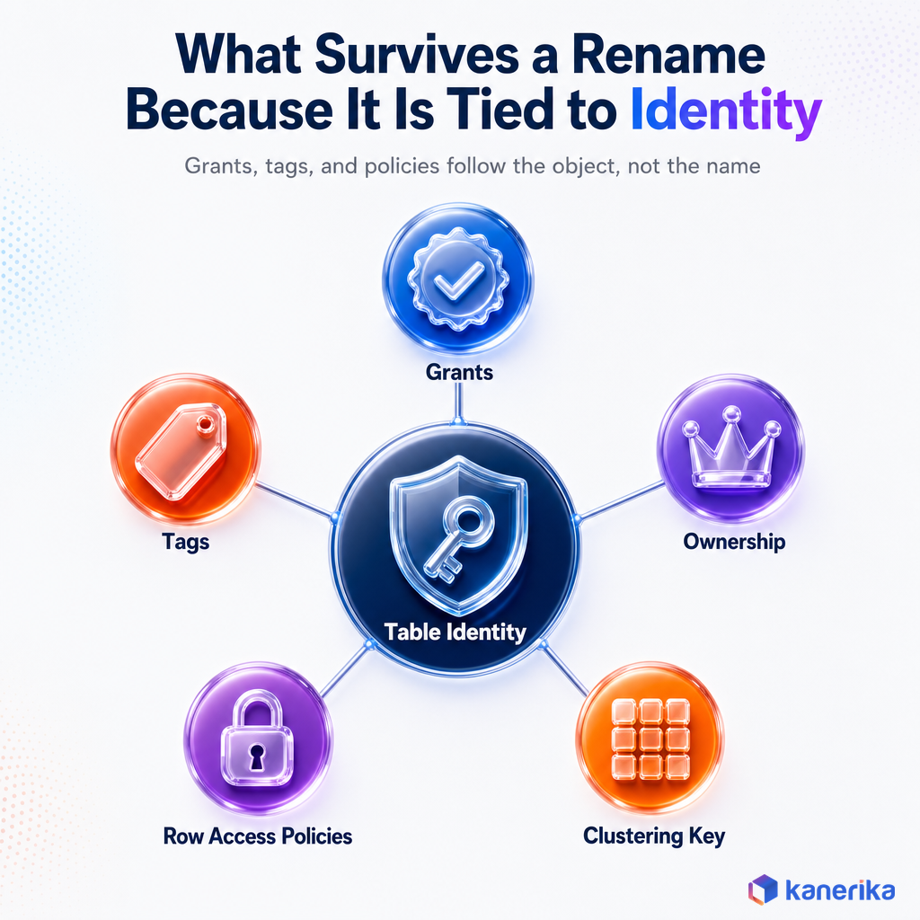 Infographic showing grants, ownership, tags, row access policies, and clustering keys survive a Snowflake table rename because they are tied to object identity, not the table name