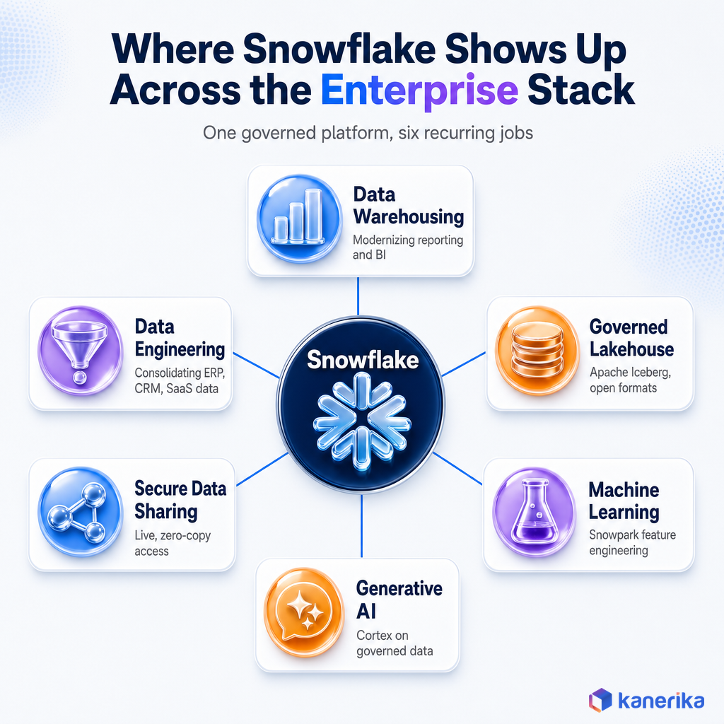 Kanerika infographic of six places Snowflake shows up in the enterprise stack: data warehousing, data engineering, governed lakehouse, secure data sharing, machine learning, and generative AI