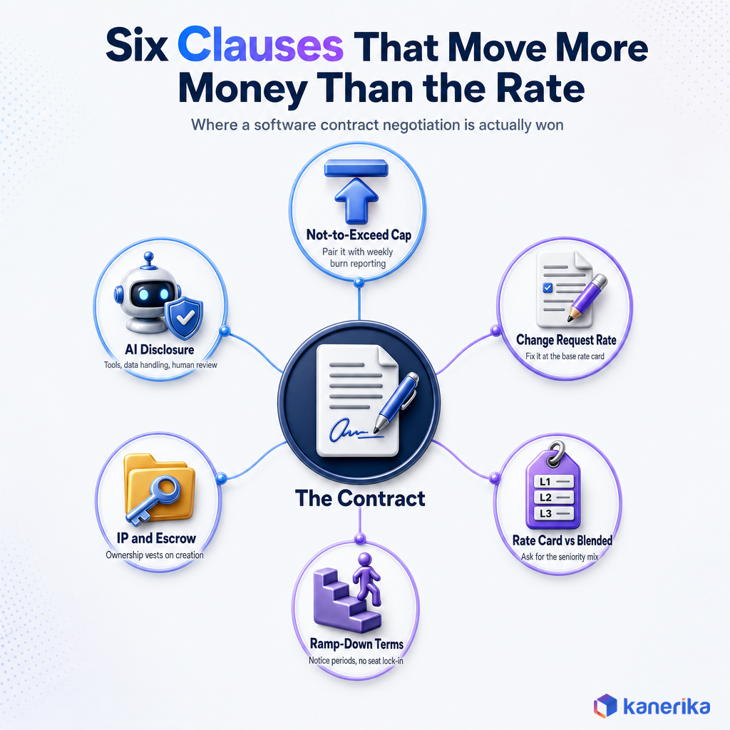 Kanerika infographic of six software contract clauses that move more money than the hourly rate, not to exceed cap, change request rate, rate card, ramp down, IP and escrow, and AI disclosure