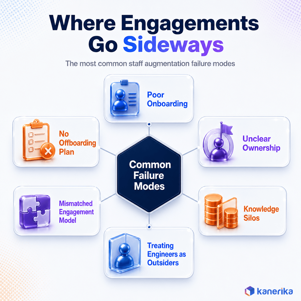 Kanerika infographic of common staff augmentation failure modes, poor onboarding, unclear ownership, knowledge silos, treating engineers as outsiders