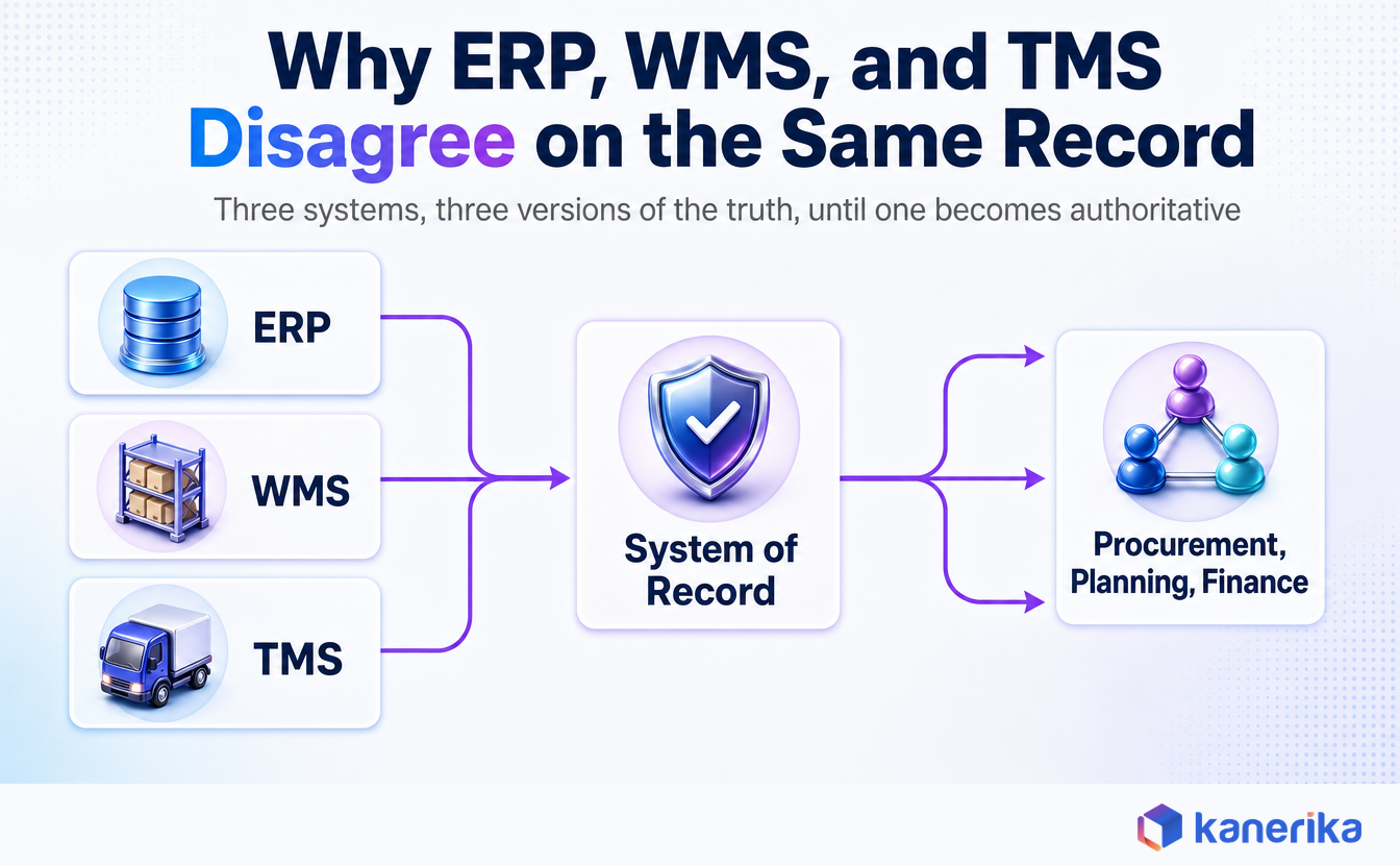 Kanerika infographic of an ERP, WMS, and TMS architecture diagram converging into one system of record for supply chain master data