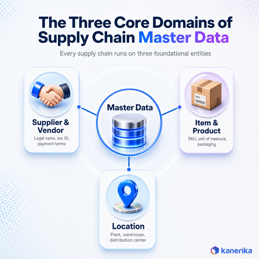 Kanerika infographic of the three core supply chain master data domains: supplier and vendor, item and product, and location, radiating from a central master data hub